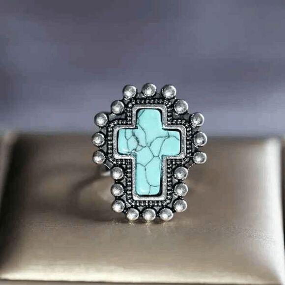 Western Turquoise Cross Adjustable Ring - Picture 4 of 5